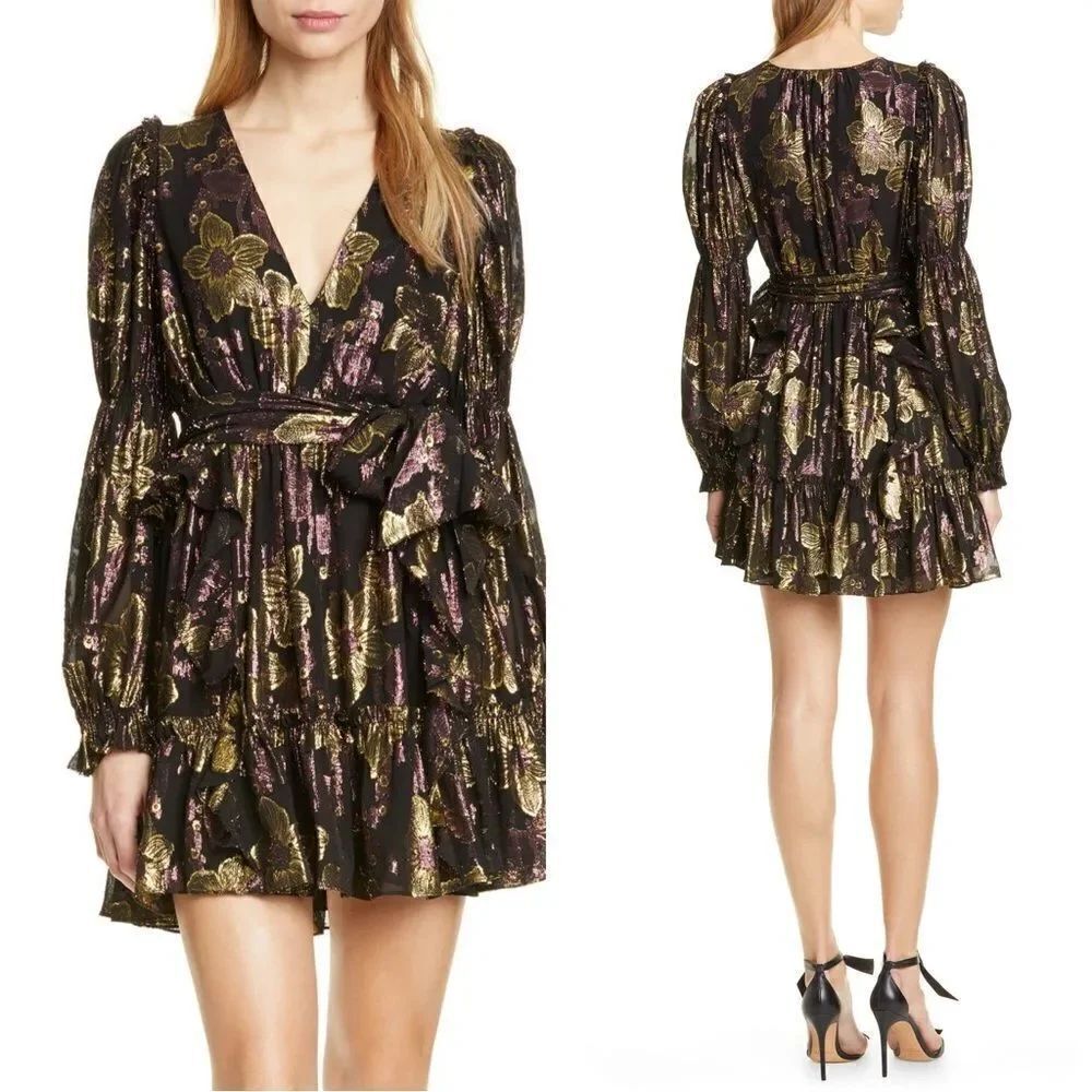 Ulla Johnson Ursa Mini Black Dress Gold Purple Floral Size 4